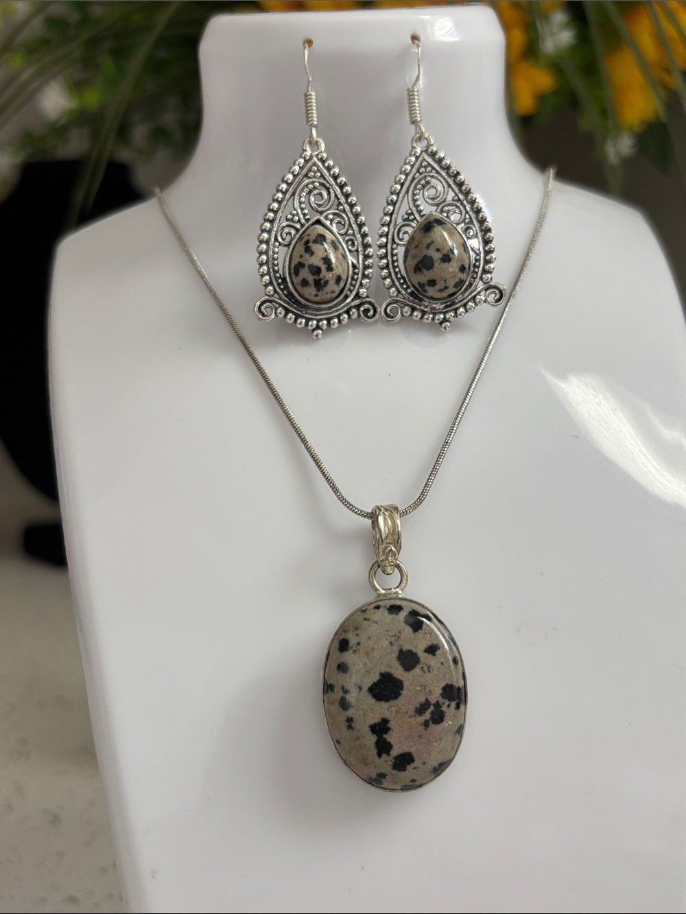 Dalmatian Jasper Gemstone Handmade Pendant Necklace & Earrings